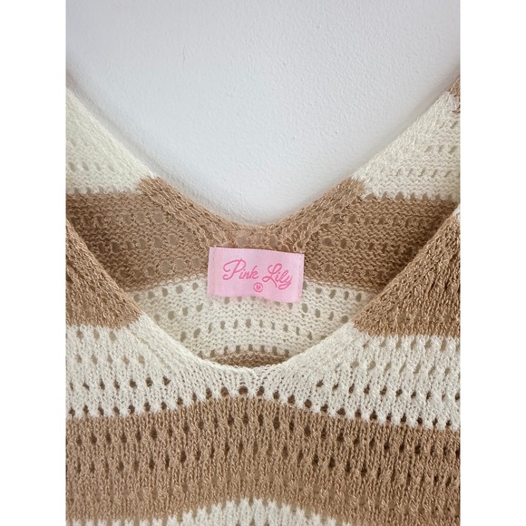 Pink Lily Striped Knit Crochet V Neck Tank Top Women's Size M Boho Festival Chic - Picture 4 of 8